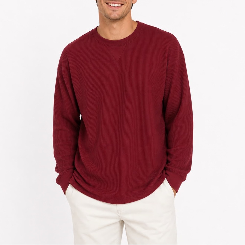 Preswick & Moore Mens Thermal Sleep Shirt Garnet Red Waffle Knit L New